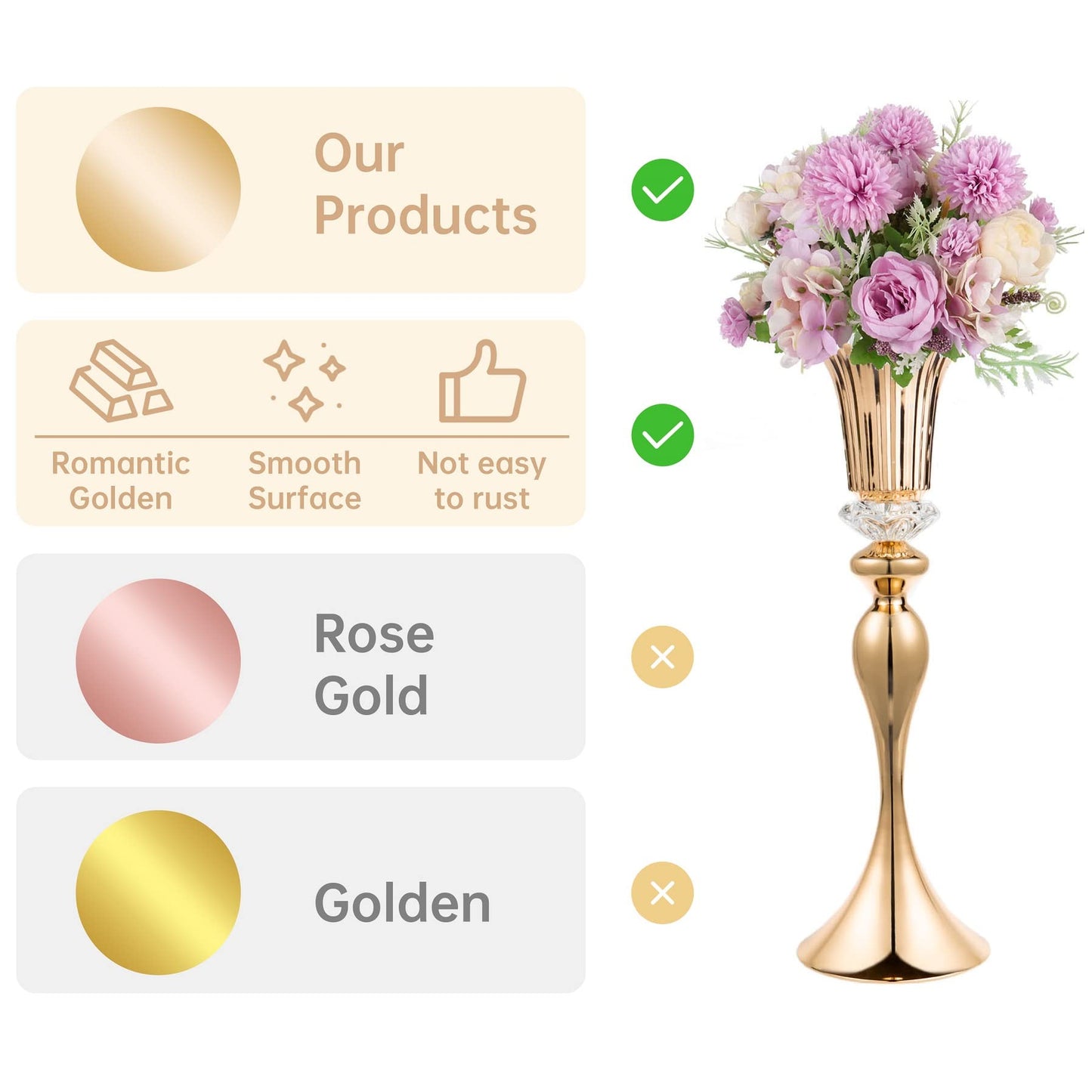 Metal Wedding Flower Vases for Tables - 22" Tall Elegant Table Centerpiece Vases, Gold Trumpet Flower Stands for Anniversary Ceremony Birthday Party Event Wedding Home Decorations (2, Gold)