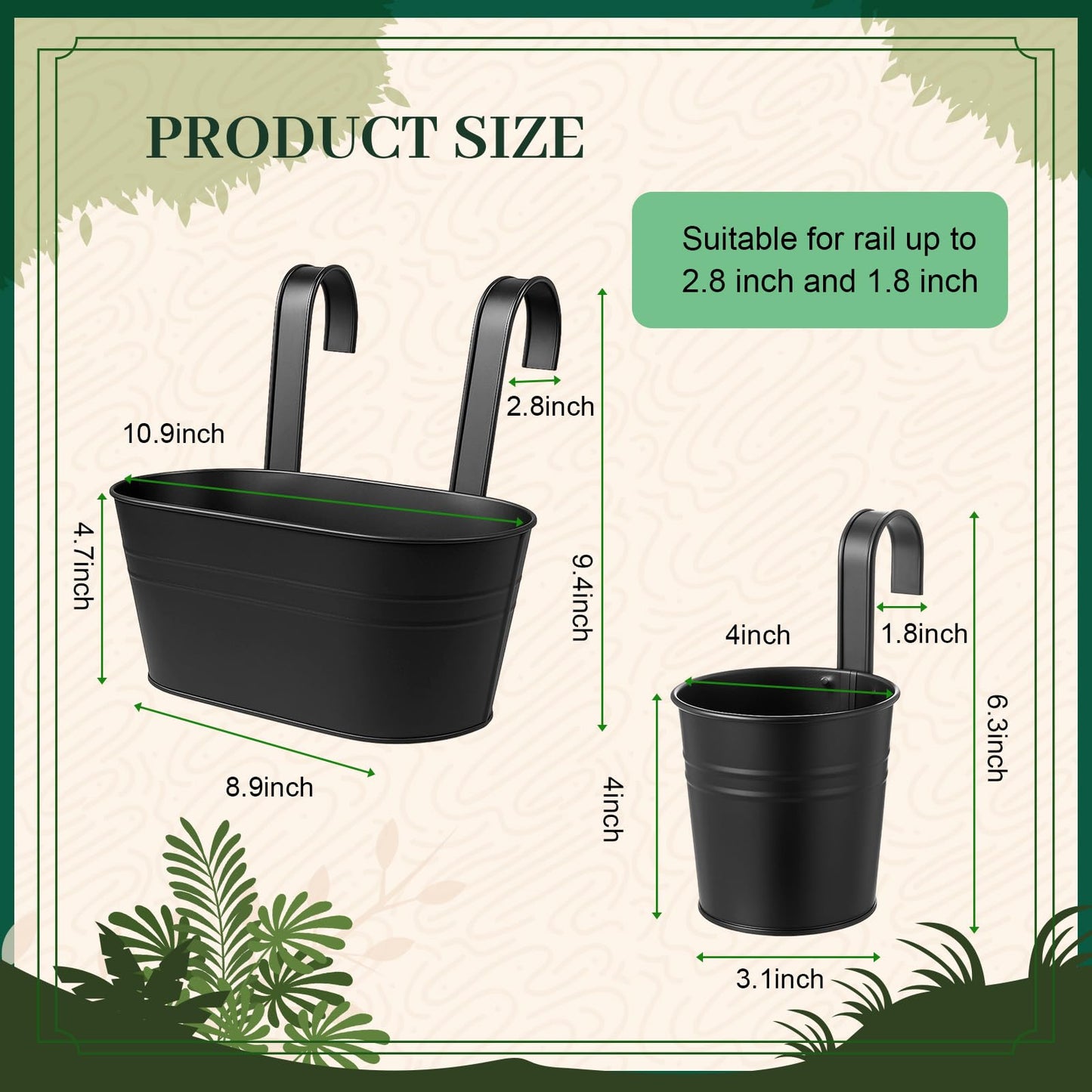 Romooa 16 Pcs Hanging Flower Pots Planters for Outdoor Metal Iron Wall Flower Planter Baskets for Railing Fence Balcony Garden Yard Home Indoor Decoration with Detachable Hooks(Black)
