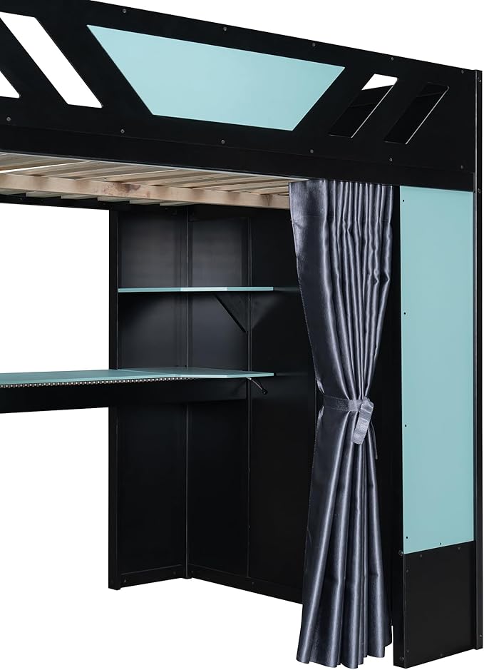 Full Size Wood Loft Bed with Built-in Workstation, Smart Storage, RGB Lighting