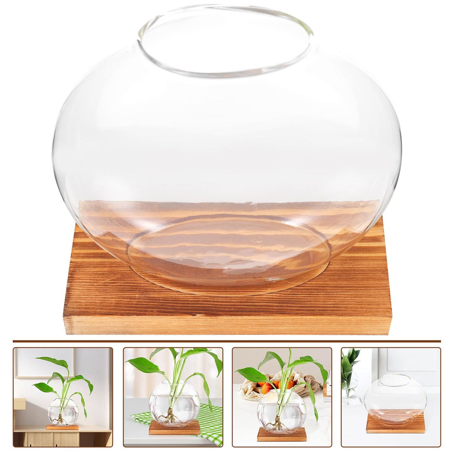 PRETYZOOM Glass Hydroponic Flower Vase with Retro Wood Base, Tabletop Floral Arranging Planter for Office and Home Décor, Glass Terrarium for Indoor Plant Display