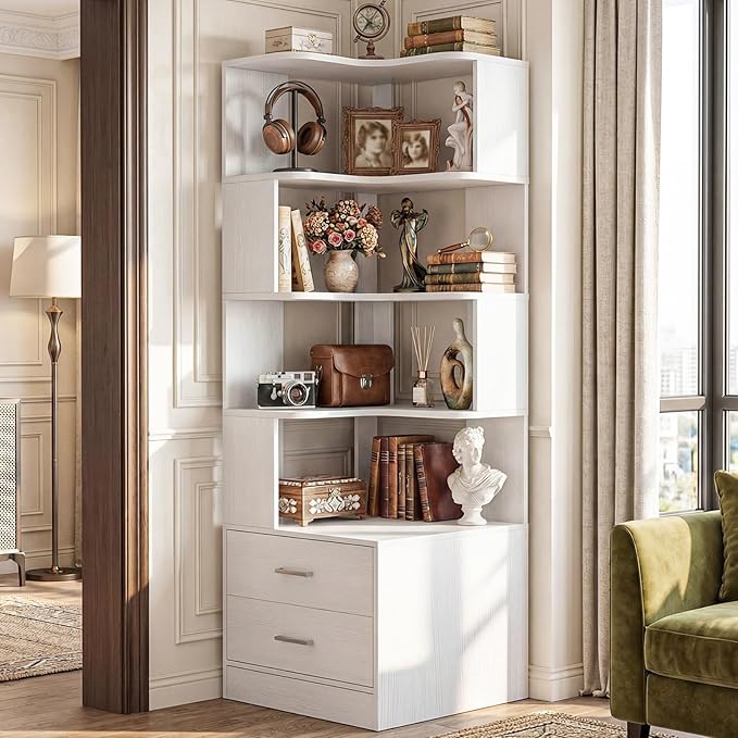 Armocity Corner Bookshelf with Drawers, 7 Tier Corner Book Shelf Display