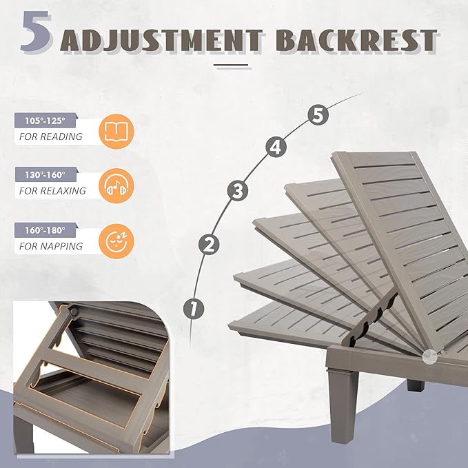 Outdoor Chaise Lounge Chairs Set of 4, 5-Position Adjustable Heavy Duty Tanning
