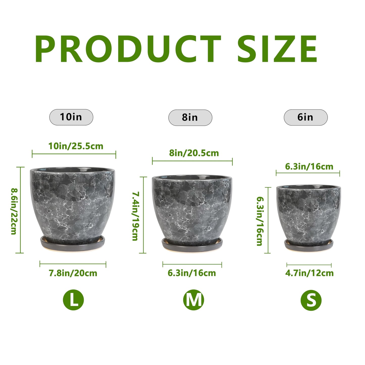 EPFamily Ceramic Pots for Plants - 10+8+6 Inch Modern Flower Pot for Indoor Outdoor, Round Planters with Drainage Holes and Trays, Office Garden Living Room Decor, Housewarming Gifts, Set of 3, Grey