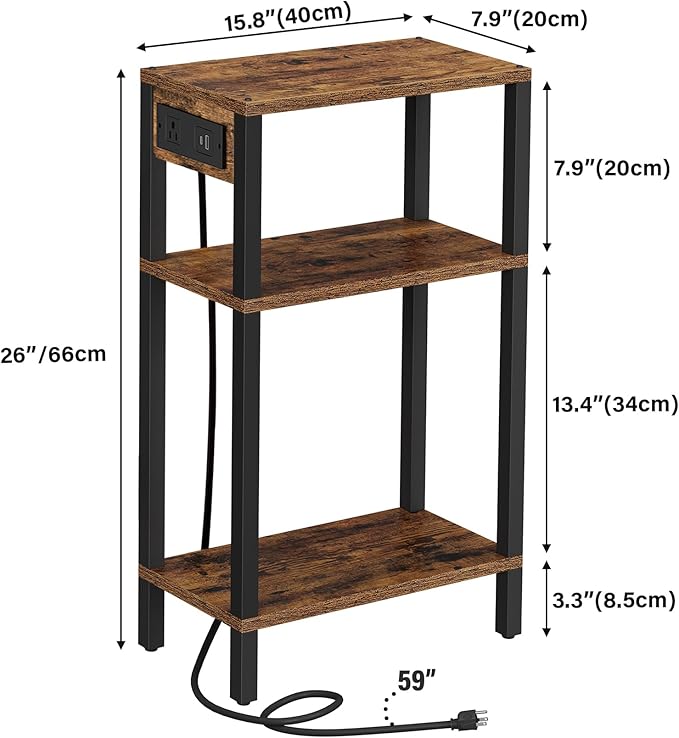 TUTOTAK Narrow Side Table with Charging Station, Small End Table with USB Ports