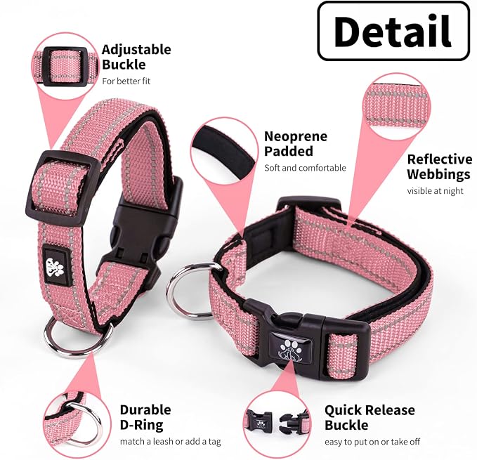 NESTROAD Dog Collar and Leash Set,Reflective Dog Collars with Quick Release Buckle,Adjustable Nylon Pet Collar for Small Medium Large Dogs(Large,Pink)