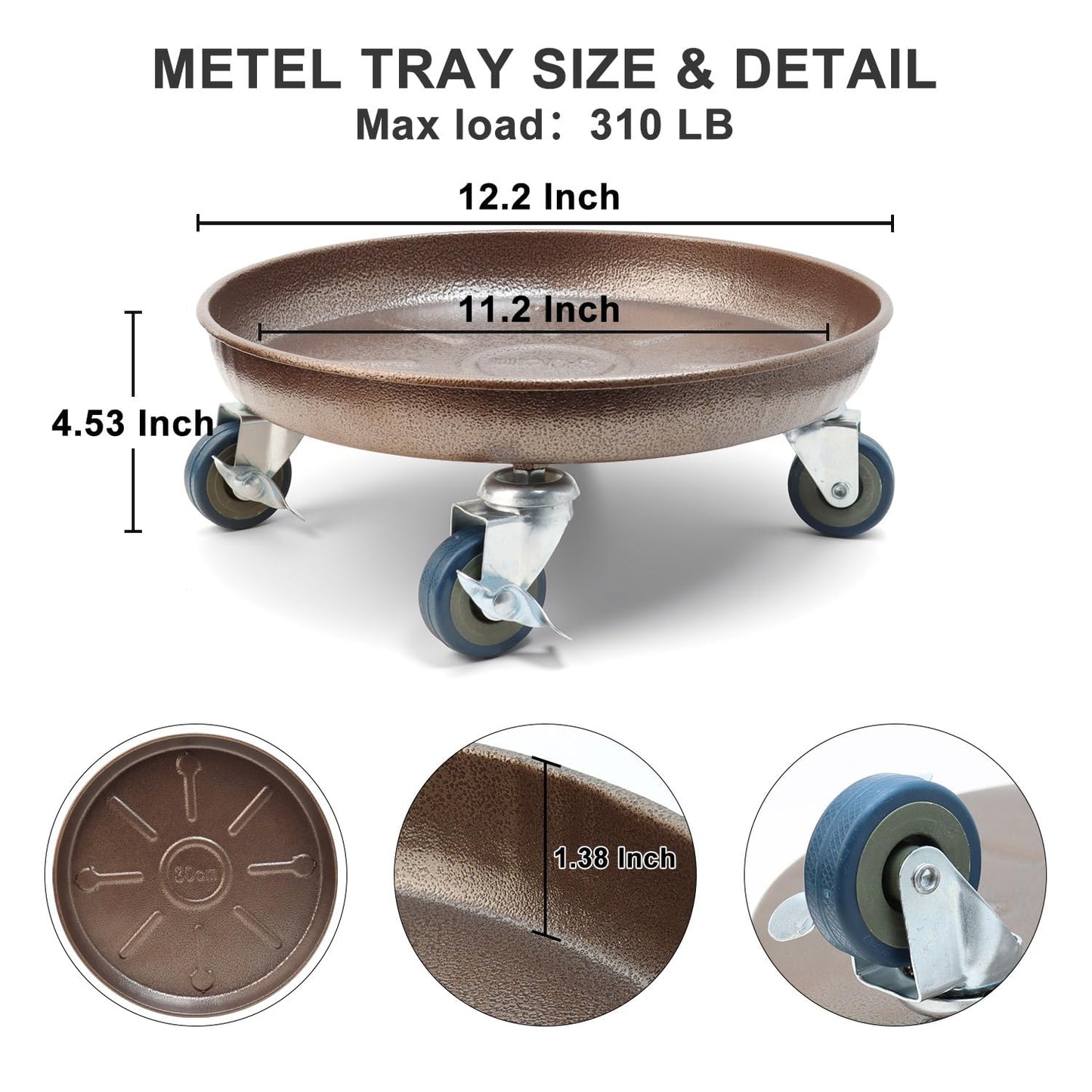 YUFDA 2 Pack 12.2 Inch Metal Plant Caddy With Lockable Wheels,Plant Stand Dolly for Heavy Planter,Wheeled Planter Saucer Tray,Rolling plant stand,Heavy-Duty Plant Caddy for Indoor and Outdoor(Copper)