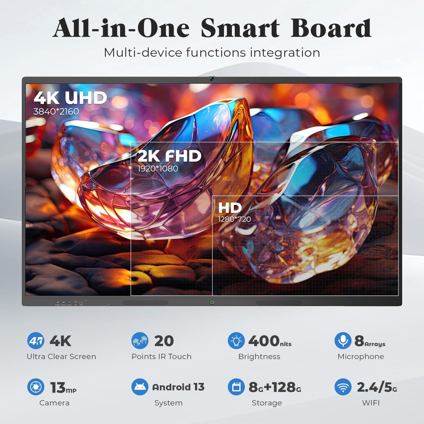 JASZDOT 65'' Smart Board, 4K UHD Interactive Touchscreen Whiteboard, Android 14 8+128GB Wireless Smartboard for Classroom Home Office Studio