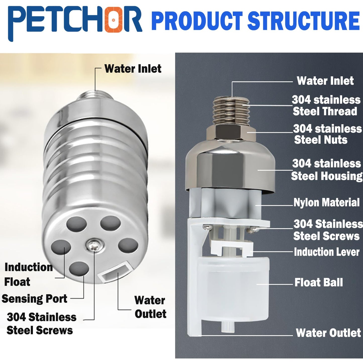 PETCHOR 304 Stainless Steel Fully Automatic Water Level Control Float Valve, Auto Float Water Shut off Valve, 1" Auto Float Valve for Pool, Water Tank, Livestock Troughs, Fish Pond, 2PCS