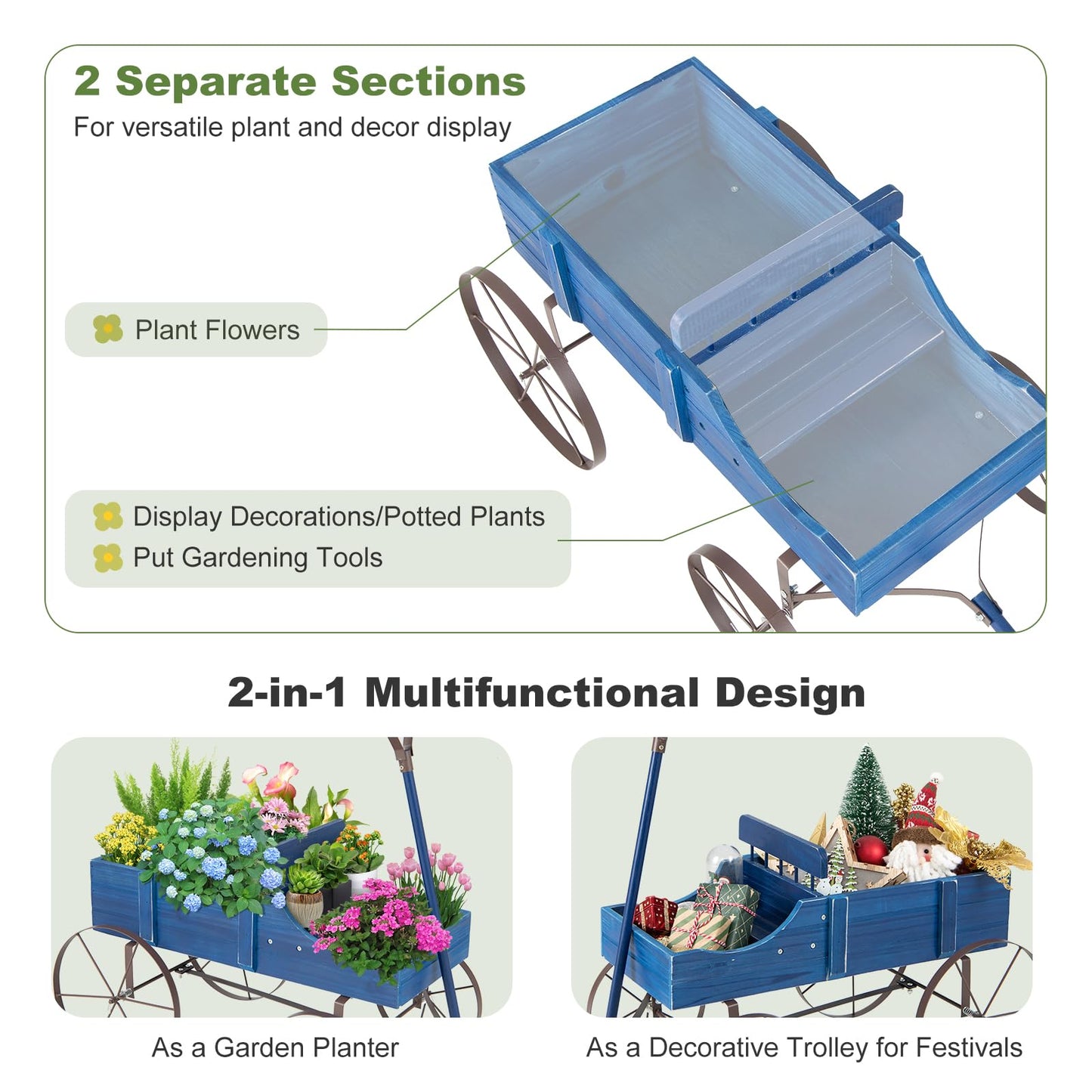 HAPPYGRILL Wooden Wagon Planter, 24.5” x 13.5” x 24” Decorative Garden Planter w/ 2 Planting Sections, Wheels, Handle, Small Decorated Cart, Flower Planter Box for Indoor Outdoor Festival Patio (Blue)