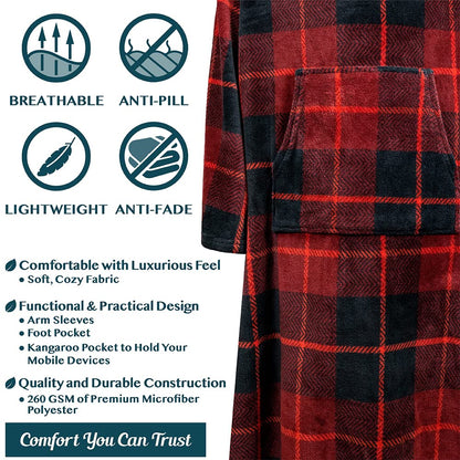 PAVILIA Fleece Blanket with Sleeves, Foot Pockets for Women Men Adults, Plush Wearable Blanket Throw Wrap, Warm Snuggle Blanket Robe, Cozy Gift Ideas Wife Mom, Plaid Red