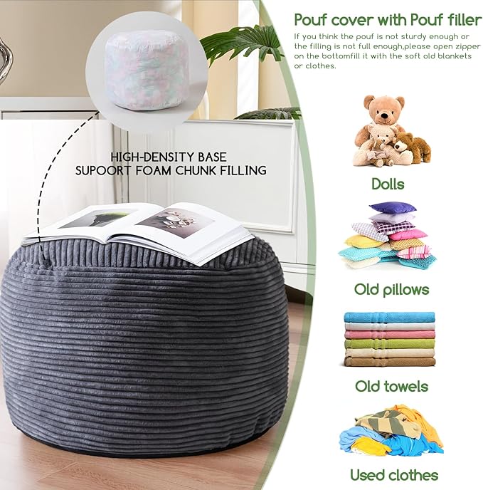 HIGOGOGO Round Stuffed Pouf Ottoman, Corduroy Poufs