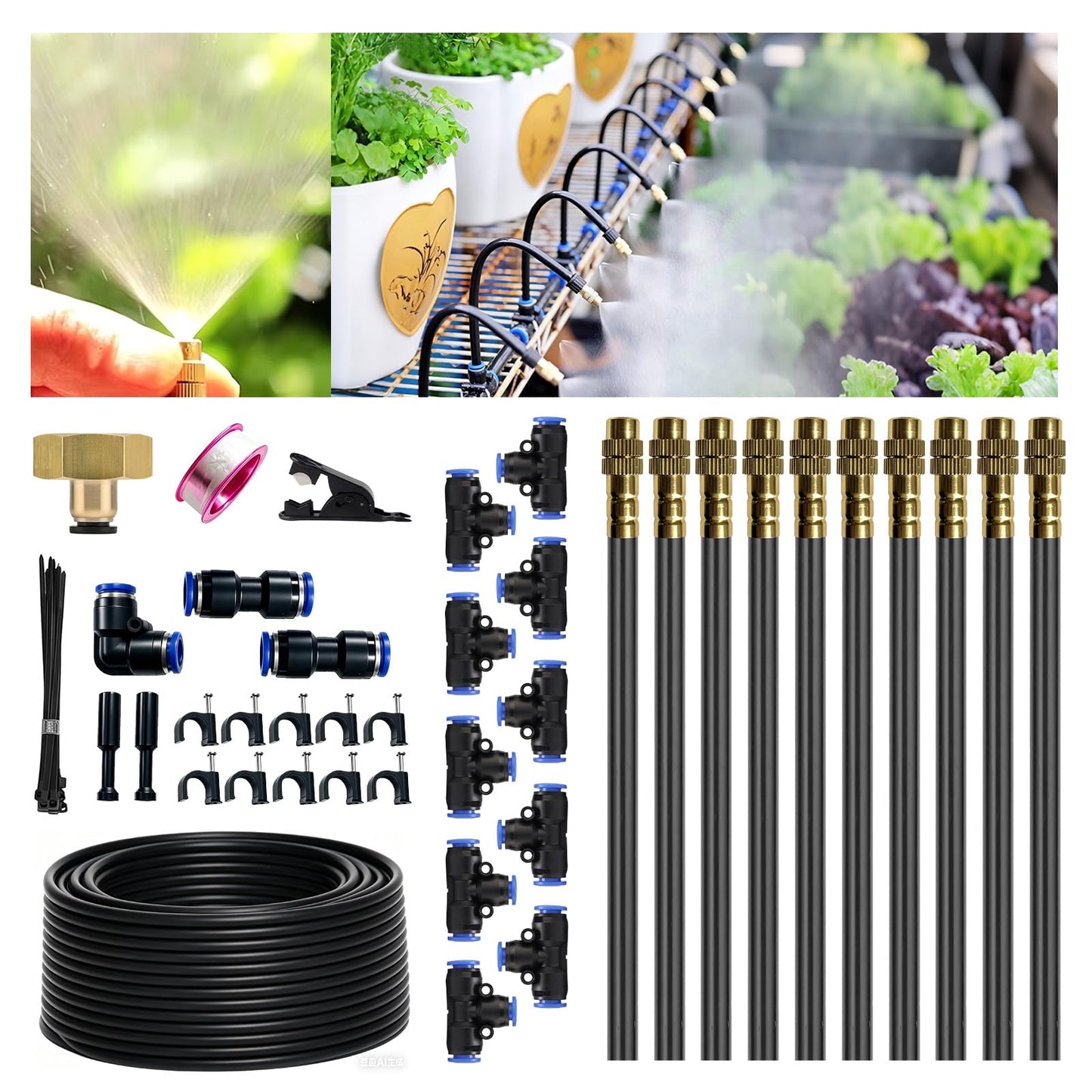 30FT 360° Mist Spray Drip Irrigation System - Garden Watering Kit with 10 Fine Mist Nozzles, Adjustable Atomizing Sprinkler for Greenhouse, Potted Plants, Raised Beds, Yard, 1/4 inch Hose