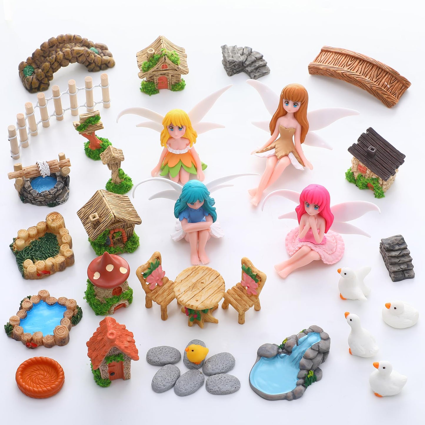 GGSTDDUP 35 Pcs Fairy Garden Accessories Miniatures Garden Kit with Resin Fairies, Duck, Mushroom House & Bridge Miniature Accessories for Terrarium, Dollhouse & Outdoor Decor