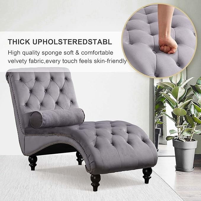 Chaise Lounge Indoor, Velvet Upholstered Lounge Chair Button-Tufted Armless