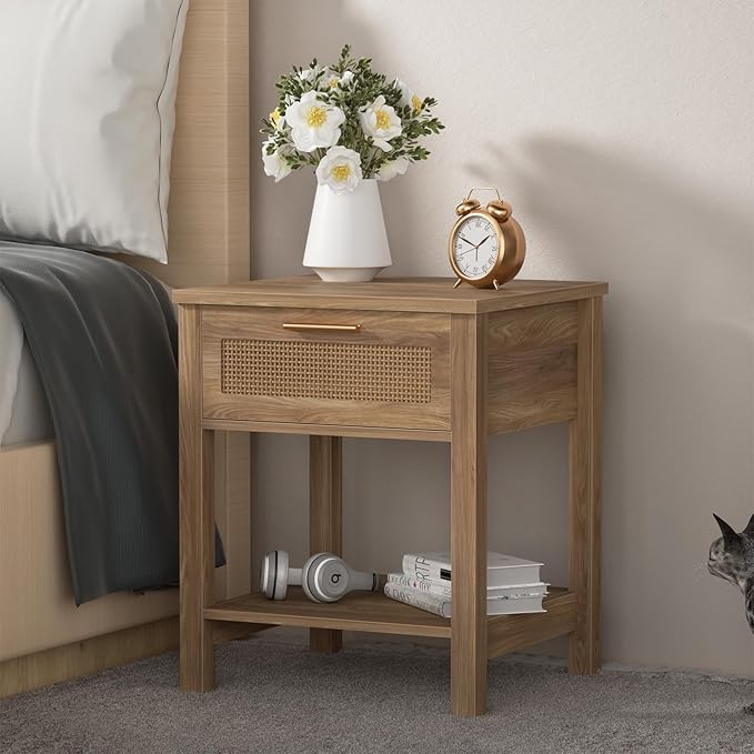 Rattan Nightstand Set of 2, Natural Style Night Stand