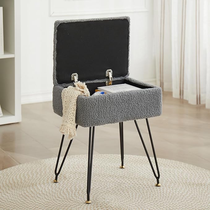 Vanity Stool Chair, Faux Teddy Fur Ottoman Foot Stool