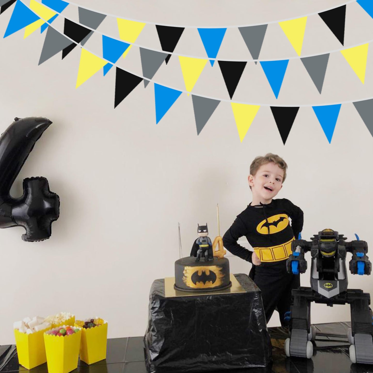 40Ft Yellow Blue Black Grey Fabric Bunting Banner Pennant Hanging Party Decorations Cotton Triangle Flag Garland for Boys Cartoon Police Super Spider Bat Space Game Theme Birthday Baby Shower Decor