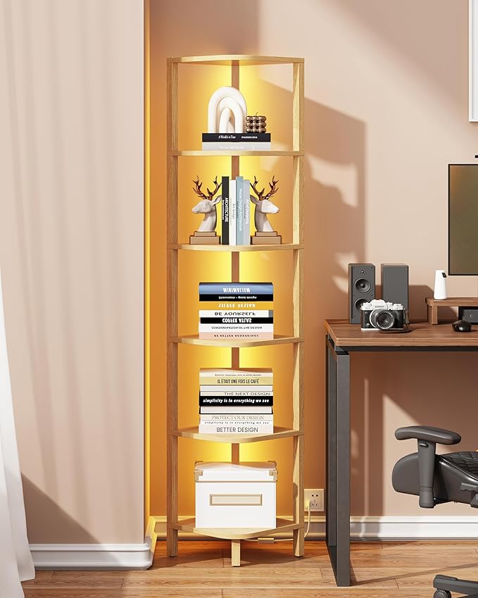 TUTOTAK Corner Shelf with LED Light, 6-Tier Corner Bookshelf