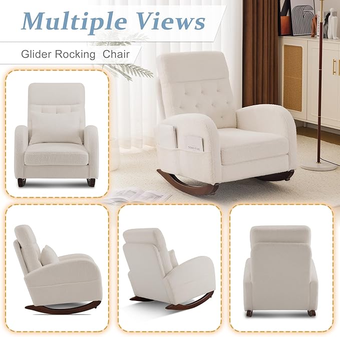 VINGLI Teddy Fleece Low Seat Rocking Chair, Boucle Upholstered Nursery Glider