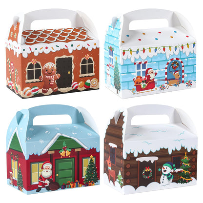 Patimate 24pcs Christmas Cookie Boxes for Gift Giving, 4 Style 3D Xmas House Cardboard Treat Boxes with Handles for Christmas Goodie Candy Holiday Party Favor Supplies
