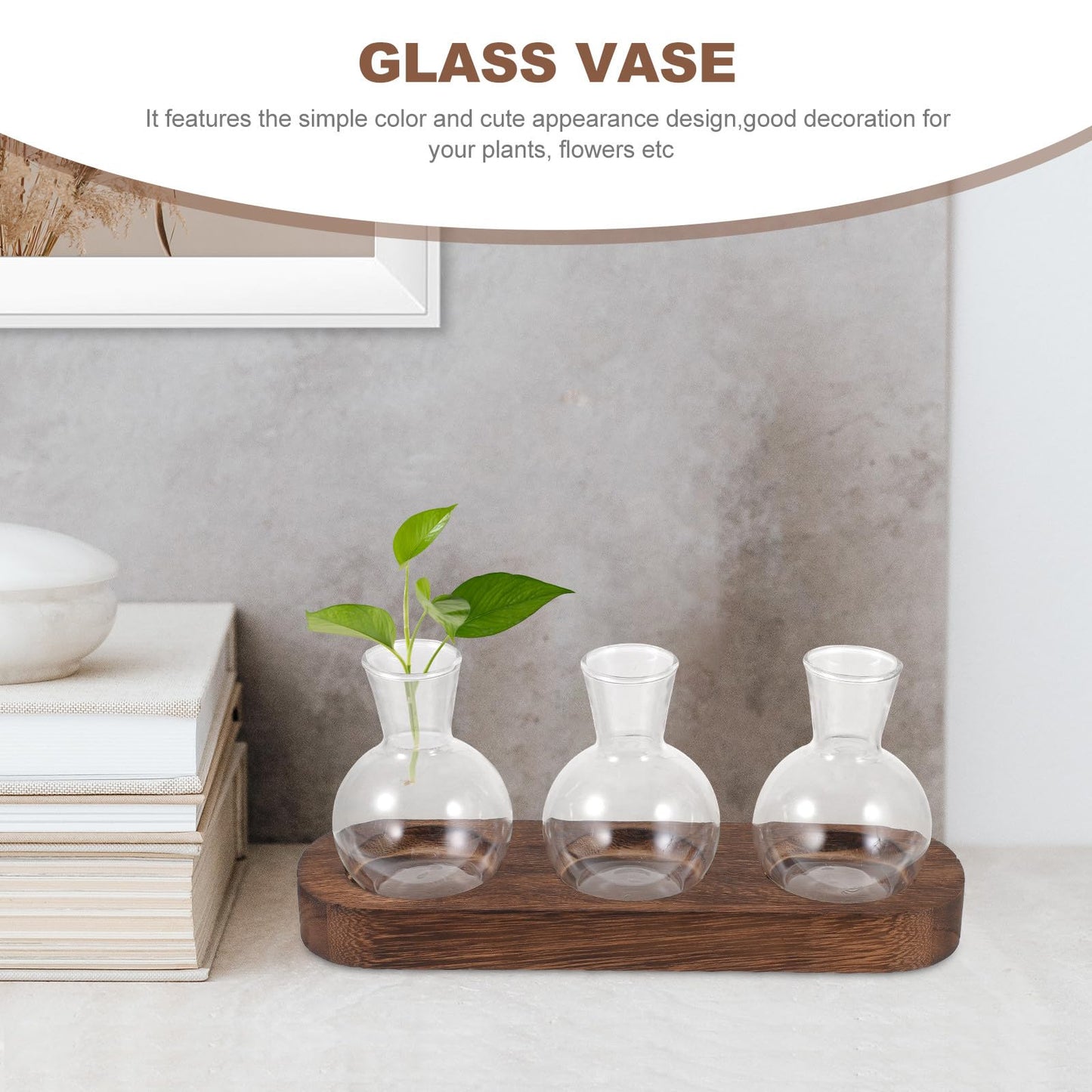 TINEASUR Glass Vase Set with Wooden Base, Hydroponic Green Plant Terrarium, Decorative Flower Vases for Office and Living Room Desktop, 3pcs Household Hyacinth Centerpiece