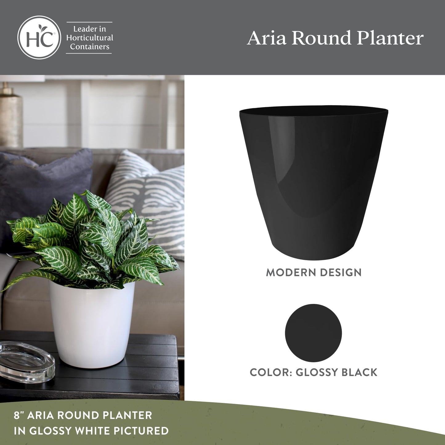The HC Companies Aria Round Self-Watering Pot - Lightweight Plastic Planter for Herbs & More - Durable Plant Pots for Indoor Plants & Outdoor Plants (8" Glossy Black, Pack of 2)