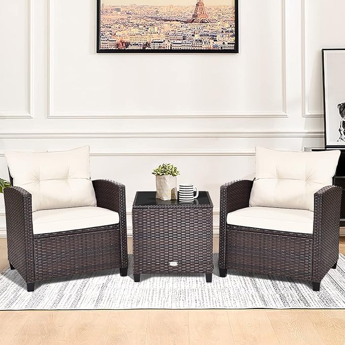 COSTWAY 3PCS Patio Furniture Set, PE Rattan Wicker Sofa w/Washable Cushion and
