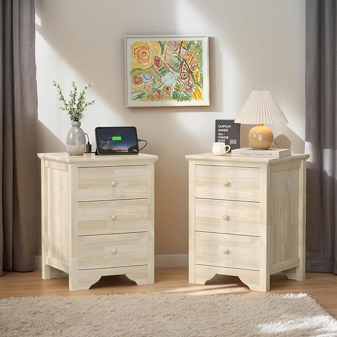Bonnlo Unfinished Rubber Wood Night Stand Set 2