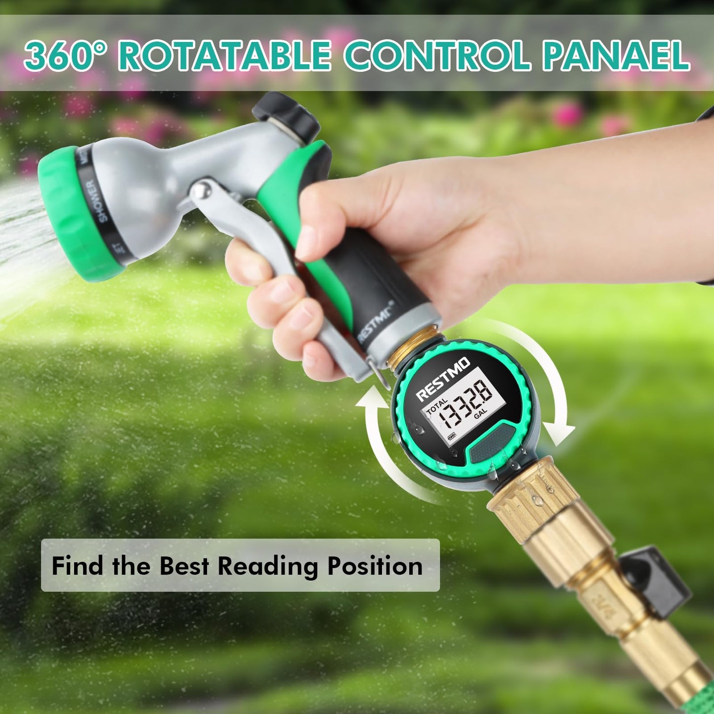 RESTMO 360° Rotatable Water Flow Meter, Pure Brass Inlet & Outlet Water Meter, Measure Gallon/Liter Consumption and Flow Rate for Garden Hose Watering, RV Water Tank Filling and Lawn Sprinkler
