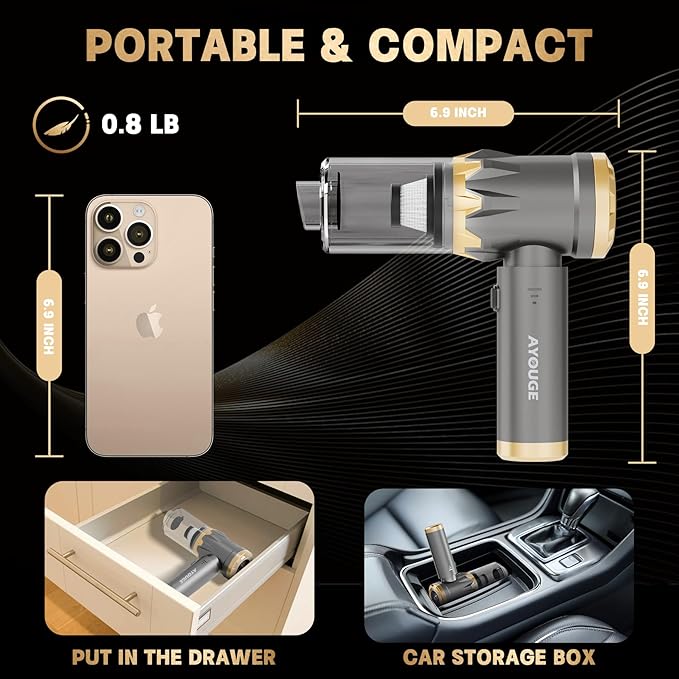 Car Vacuum Portable Cordless, 20000PA High power Vacuum Cleaner , Brushless Motor, 3-Speed Modes, 4 in 1 Compressed Air Duster, Air Blower, Pump HandHeld Vacuum for Car, Home, Office, Camping - Grey