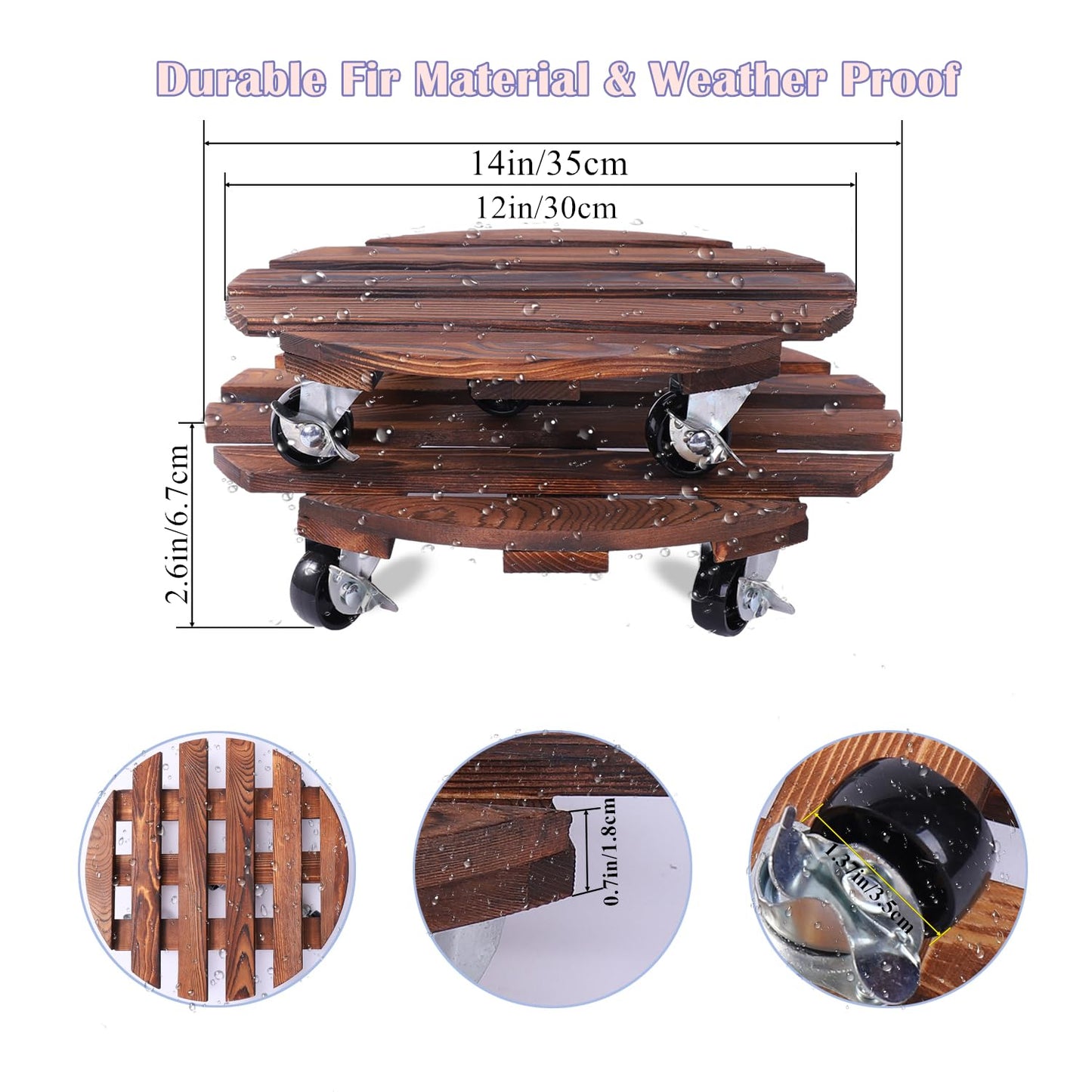 2 Pack Plant Caddy with 5 Wheels, 14" + 12" Rolling Plant Stand 220 LB Heavy Duty Wooden Round Plant Dolly with Metal 360° Lockable Caster Wheels for Outdoor Indoor Large Plant Pots, Flower Pot, Patio