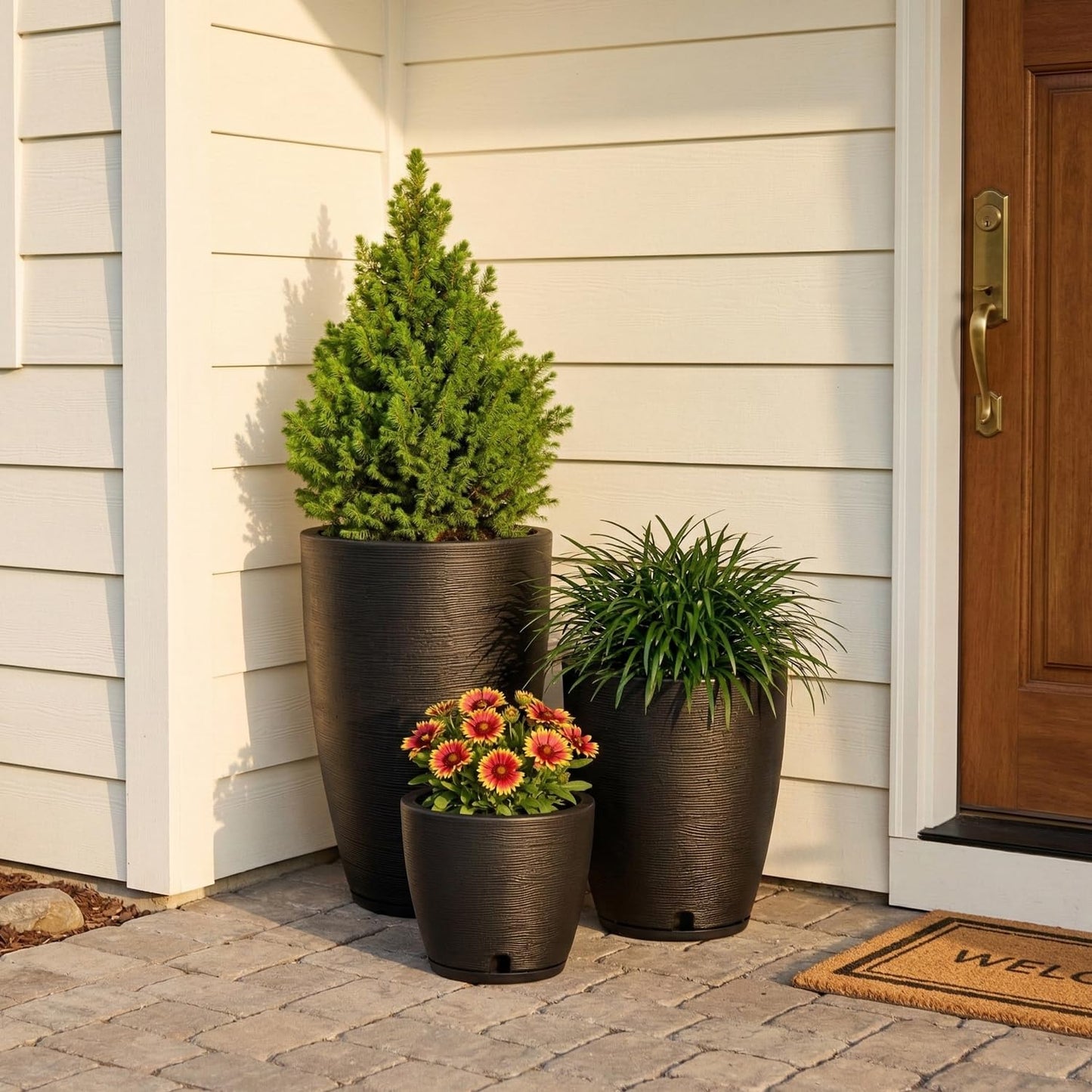 Floridis Set of 3 Black Planters for Indoor Outdoor Plants, 11/17/25 Inch Plastic Plant Pots with Drainage Hole and Saucer for Patio and Front Porch