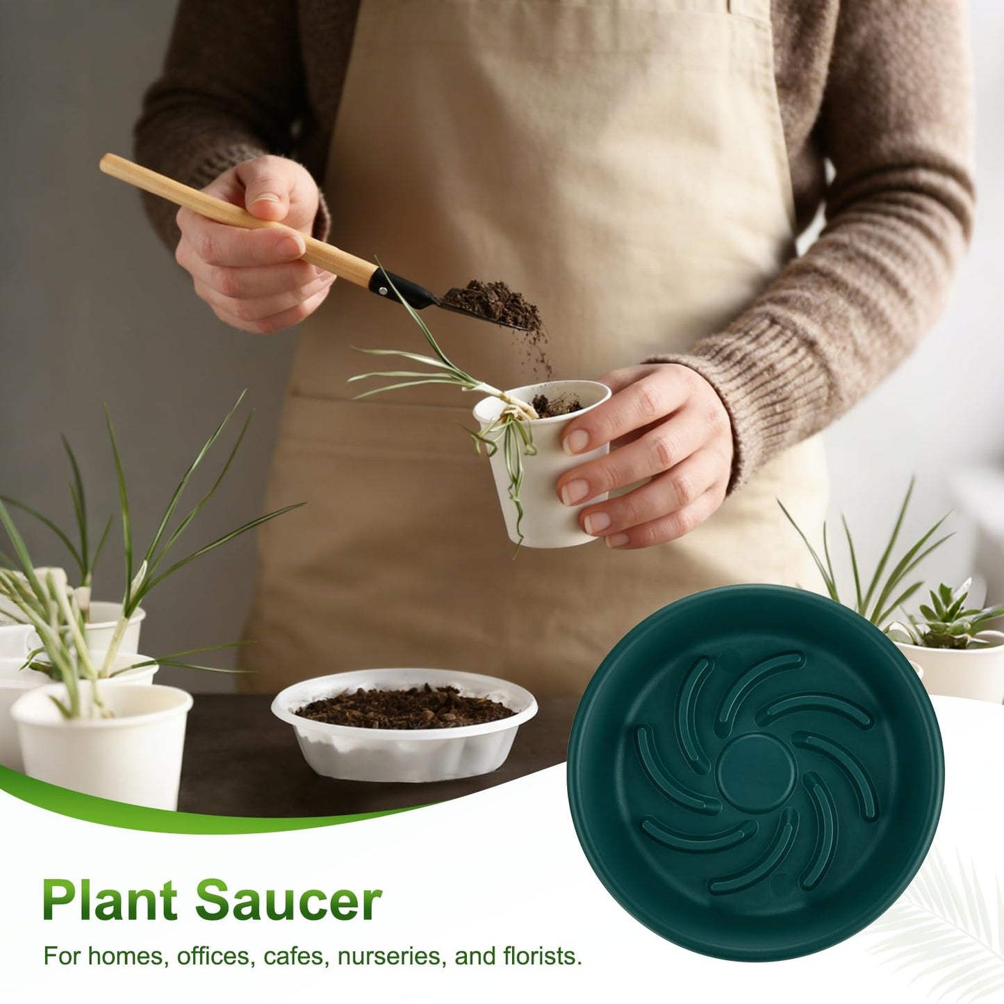 M METERXITY 2-Pack Plant Saucer, 7.4 Inch/ 18.8cm Plastic Plant Trays Thicker for Pots/Indoor/Outdoor/Water Drainage and Protection, Flowerpot Drip Tray [Dark Green]