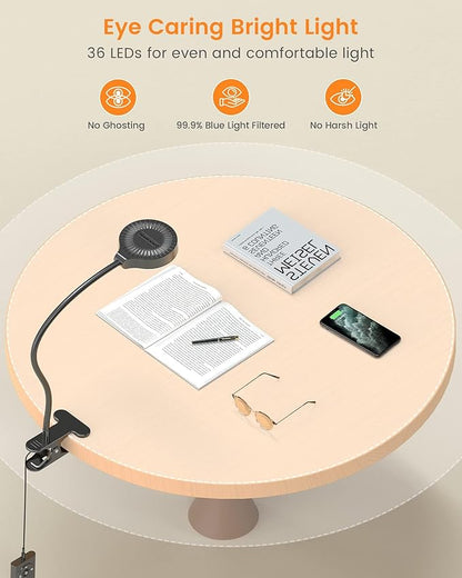 Glocusent 5W 36 LED Reading Clip on Light for Bed, Eye Caring Bed Lamp, 3 Colors & 5 Brightness Levels for Headboard with Adapter, Perfect for Reading, Working & Studying (Black with Remote)
