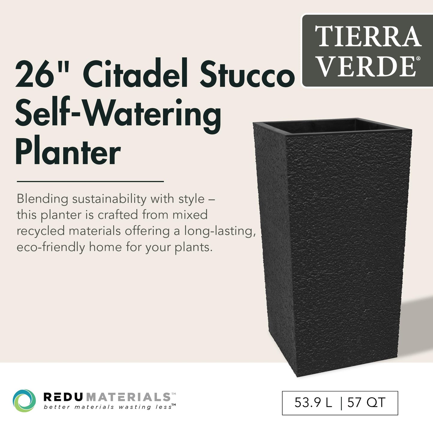 Tierra Verde Indoor & Outdoor Self-Watering Square Planter, Citadel Stucco, 13.5" x 26", Black - Planting Containers for Plants and Flowers - Gardening and Landscaping Accessories