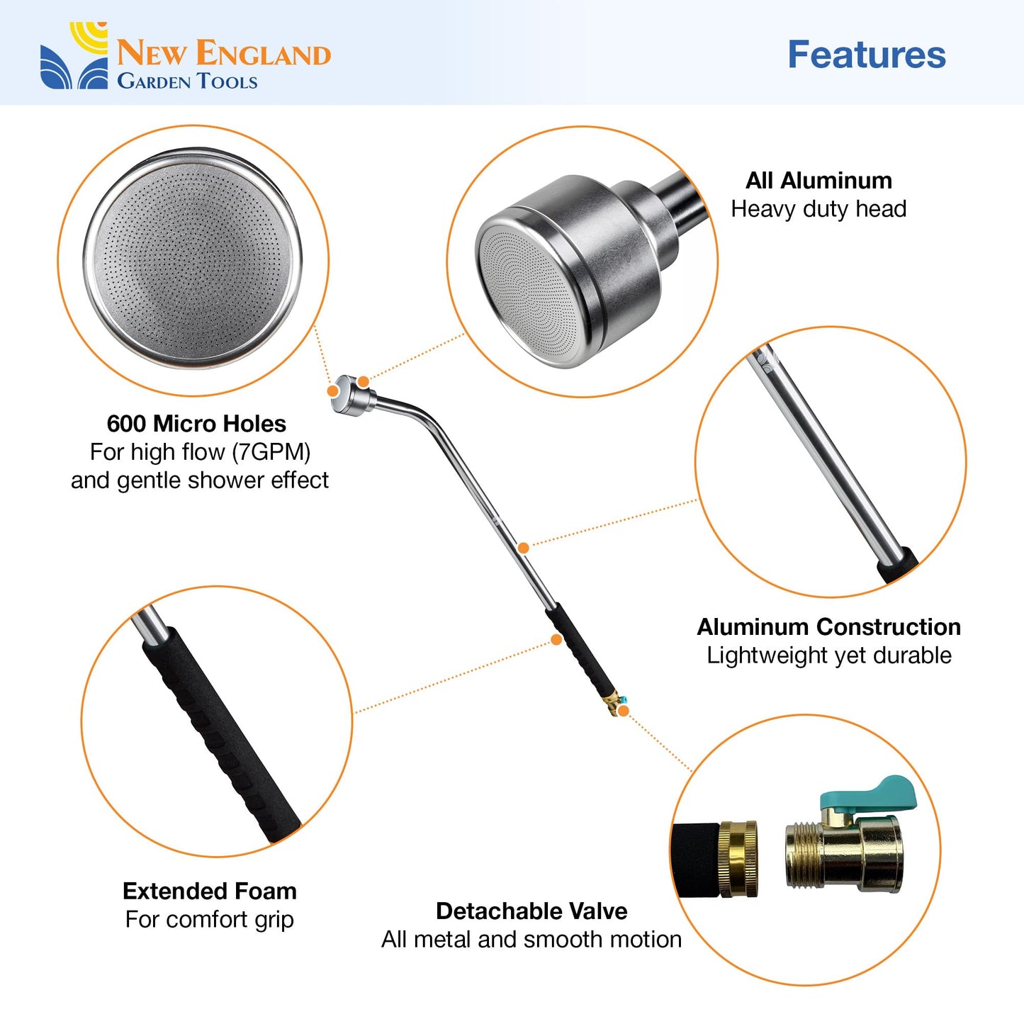30 Inch Soft Rain Watering Wand 600003, Gentle Shower Spray, Heavy Duty Lightweight Metal Build, Comfort Grip, Flow Control Shut Off Valve, for Plants, Yards, Cars & Pets, by New England Garden Tools