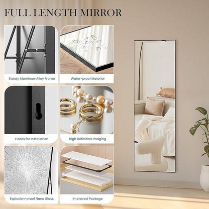 NEWBULIG Mirror Full Length, 16"x59" Body Wall Mirrors with Shatter-Proof Glass, Upgraded Floor Standing Mirror, Hanging or Leaning, with Stand Aluminum Alloy Frame for Home Decor, Bedroom, Black