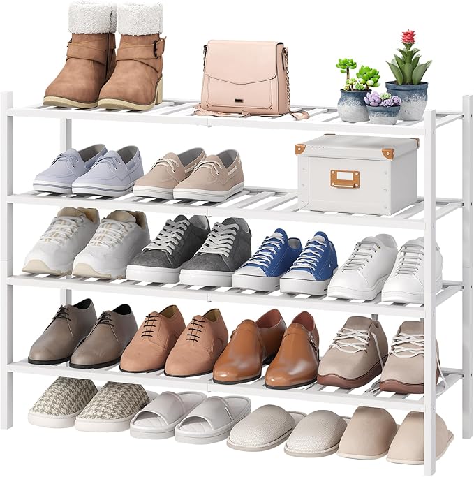 viewcare White 4-Tier Long Shoe Rack, Bamboo Wood