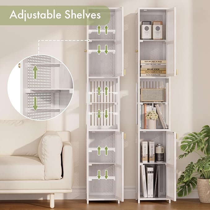 Amazer White Bathroom Storage Cabinet 70'', Bamboo Slim Storage Cabinet
