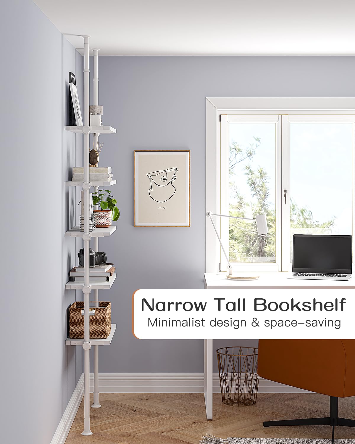 ALLZONE Adjustable Tall Narrow Bookshelf, 5-Tier Floor-to-Ceiling Tension Mount Ladder Book Shelf with Storage for Versatile Uses, Fits 92-116 Inch Ceilings, 27.84-Inch Wide Wood Shelves, White