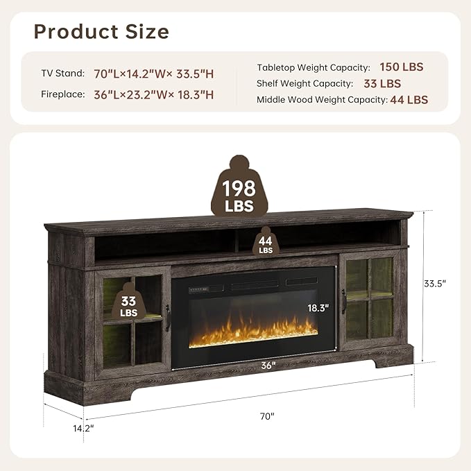70" Fireplace TV Stand, Modern Entertainment Center