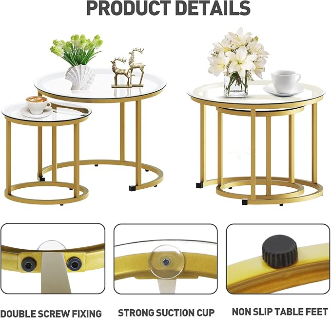 aboxoo Gold Nesting Coffee Table Set of 2, Small Glass Round Nesting Tables