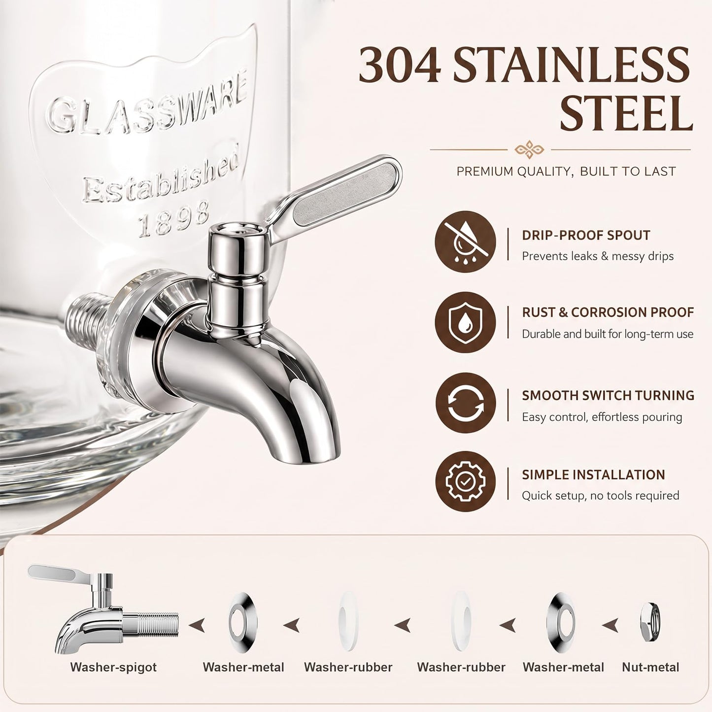 RuileMei 2 Gallon Glass Drink Dispenser,Beverage Dispenser with Stand,Lemonade Dispenser with 304 Stainless Steel Spigot Leakproof for Entertaining Guests, Picnic,Hosting Parties