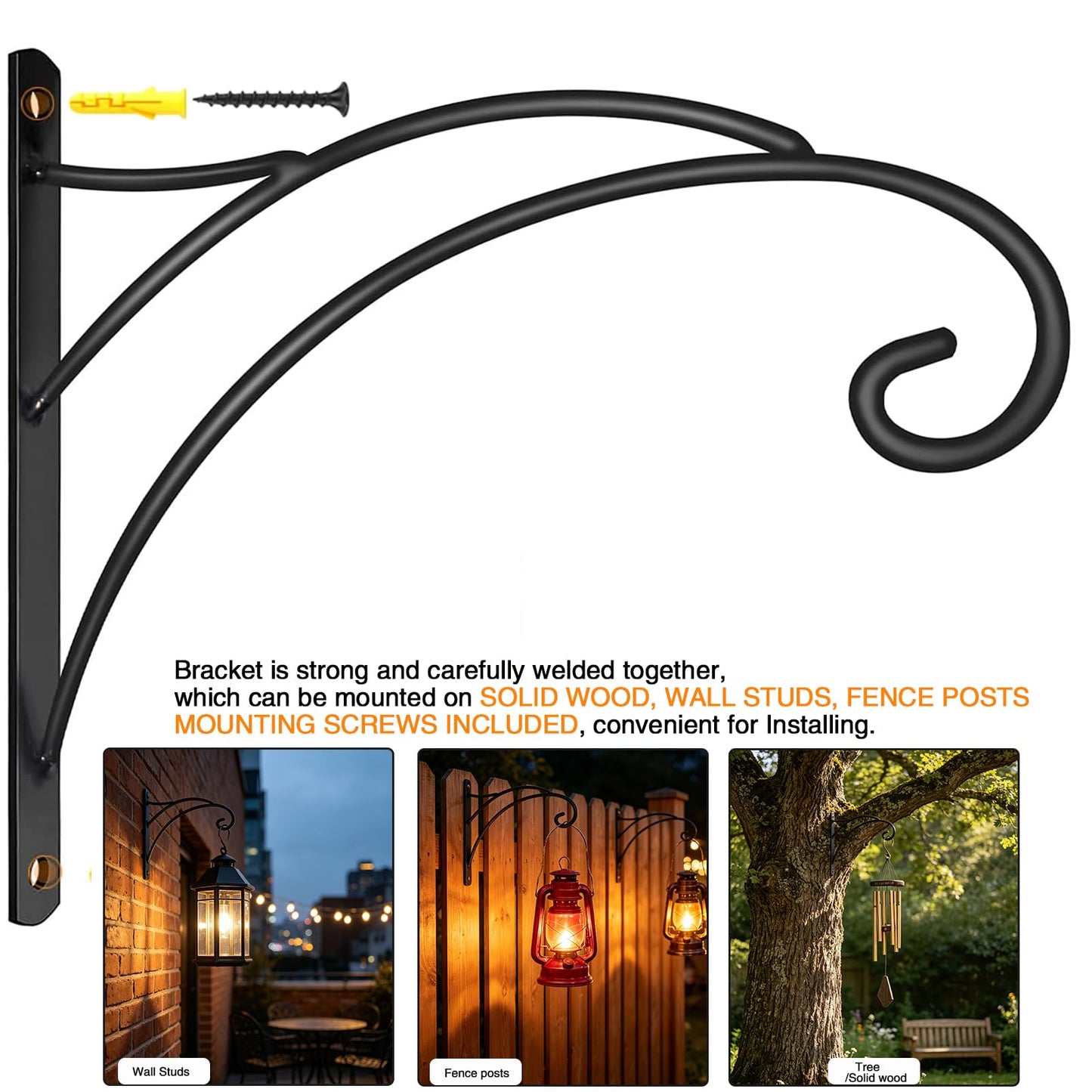 Hanging Plant Brackets, Pack of 2 Iron Hanging Basket Bracket Durable Weather-Resistant Outdoor Plant Hooks for Hanging Plant Lantern Windchime Birdhouse Metal Sign Fruit Bracket, Screw Included