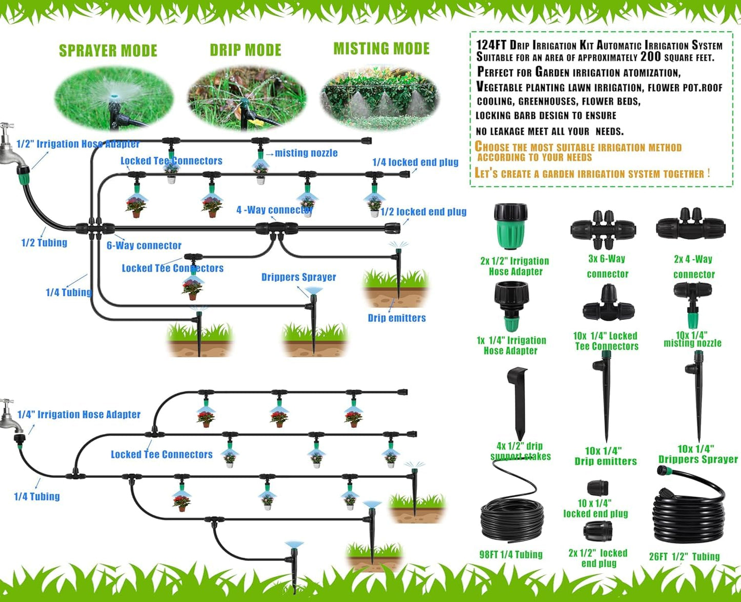 NRWRTY Leak-Proof Drip Irrigation Kit,Quick Connect Irrigation System, Lock Barbed Garden Watering System with 1/4 inch 1/2 inch Irrigation Tubing Hose for Garden,Raised Garden Bed, Lawn
