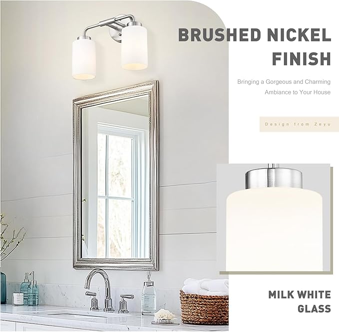 zeyu 2-Light Bathroom Light Fixtures Over Mirror, Modern Wall Sconces for Bathroom, Milky White Glass Shade, Brushed Nickel Finish, ZS62B-2W BN