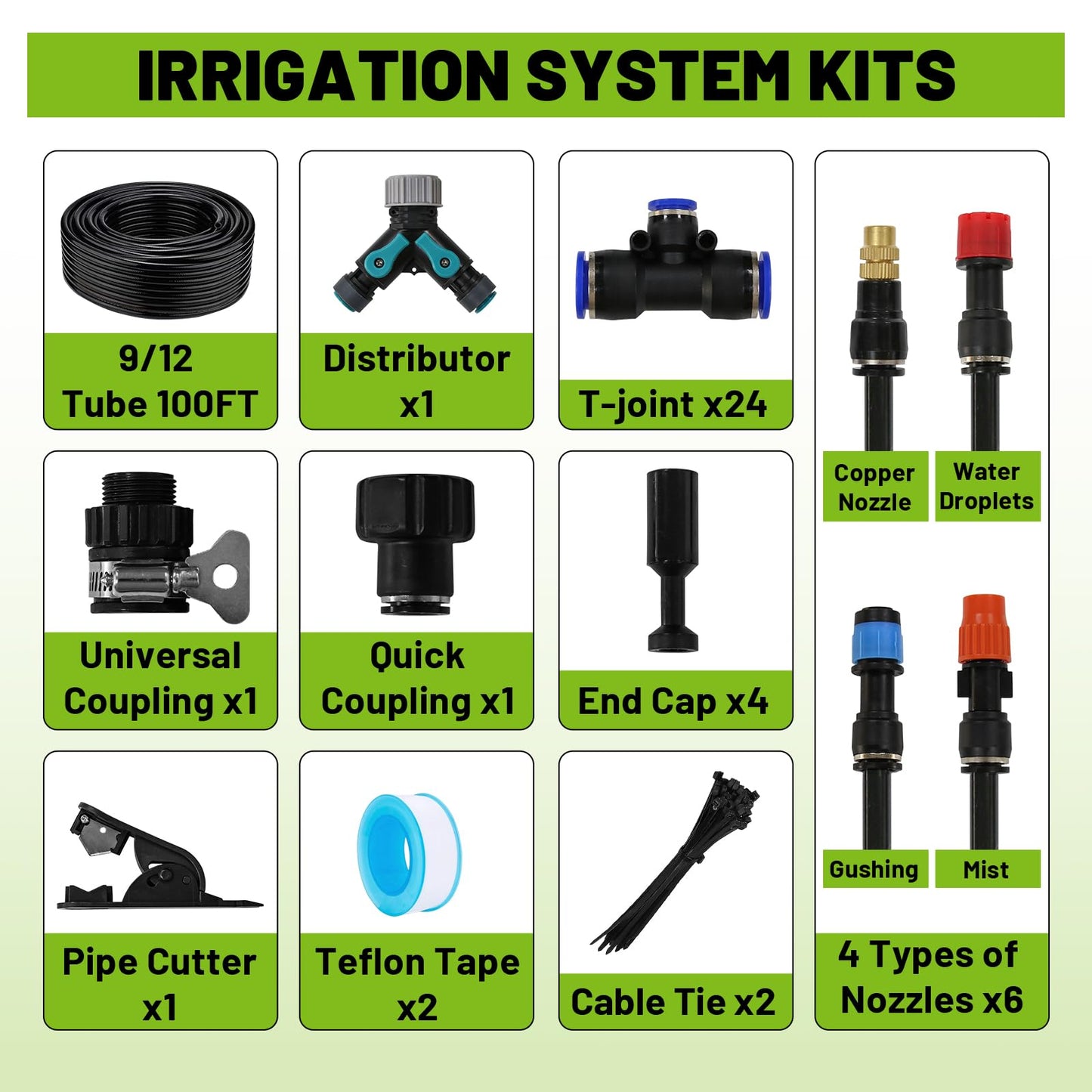 Kekangerly Drip Irrigation Kit - 100ft Automatic Watering System with 24 360° Sprinkler Nozzles, T-Connectors for Garden, Lawn, Greenhouse, Patio Plants & Hydroponics