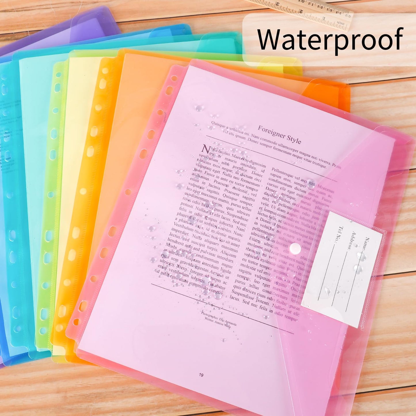 EOOUT 30pcs Binder Sleeves, Binder Pockets for 3 Ring, Binder Folders, 11 Holes, Letter Size, Snap Button Pouch with Label for School, Home and Office