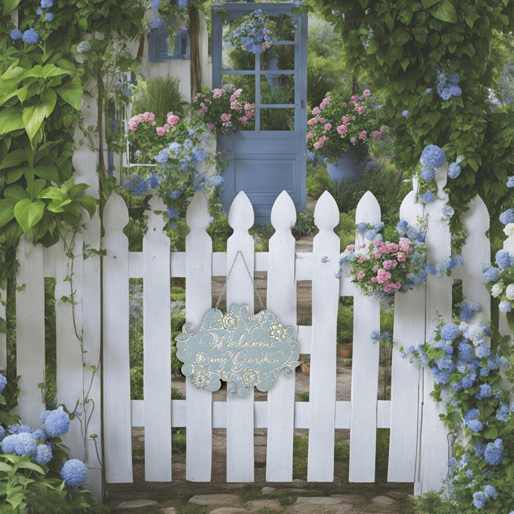 All Chic Welcome to My Garden Sign Hanging Yard Sign for Garden Decor Rustic Farmhouse Backyard Outdoor Wall Decor(Blue)
