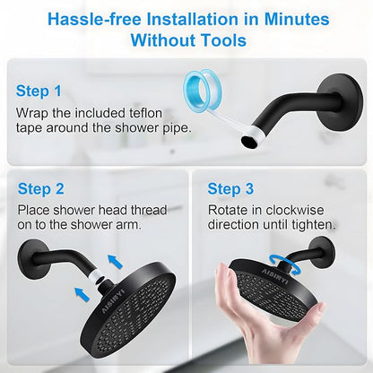 High Pressure Rainfall Shower Head, 6 Inches Showerhead with Perfect Adjustable Replacement, Removable Restrictor, Easy Installation for Your Bathroom Shower Heads (Matte Black + Shower Arm)